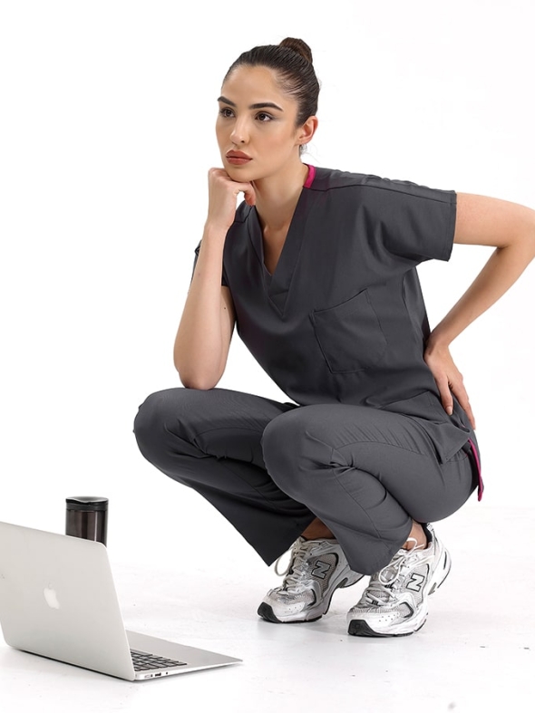 Füme Dr. Greys Doktor Hemşire Medikal Scrubs Takım Lüks Likralı Kumaş