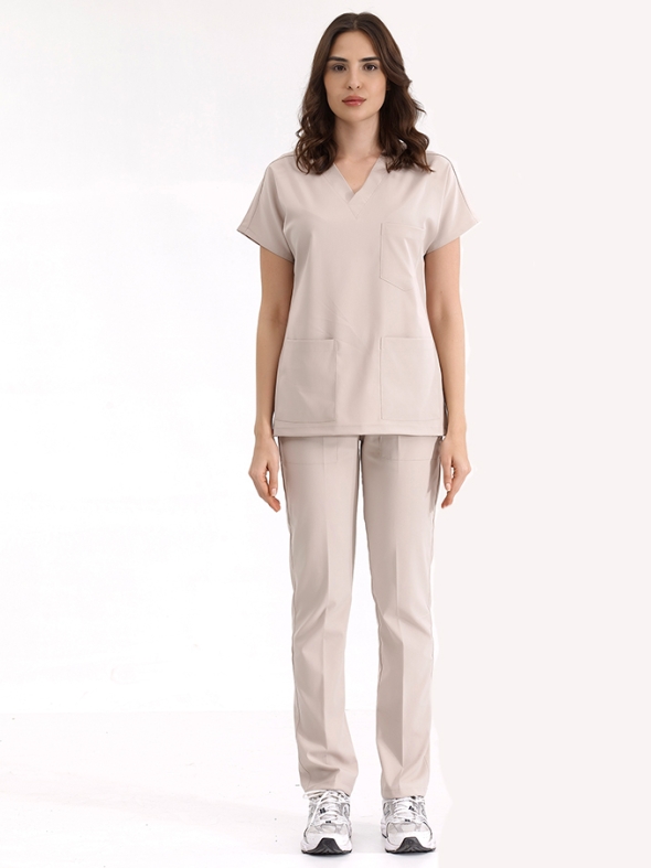 Krem Dr. Greys Doktor Hemşire Medikal Scrubs Takım Lüks Likralı Kumaş