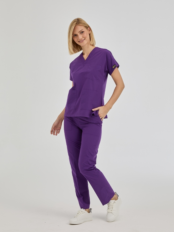 Özel Mor Dr. Greys Doktor Hemşire Medikal Scrubs Takım Terikoton Kumaş