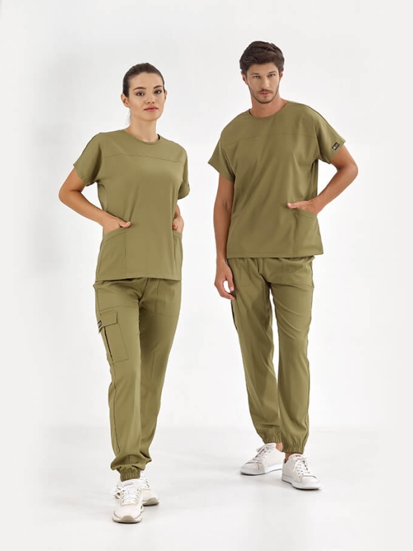 Haki Basic Doktor Hemşire Medikal Scrubs Takım Lüks Likralı Kumaş