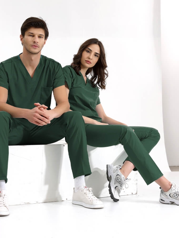 Avcı Yeşili Dr. Greys Doktor Hemşire Medikal Scrubs Takım Lüks Likralı Kumaş