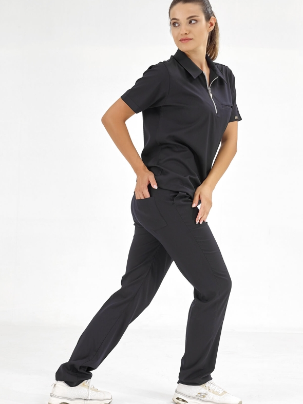 Black Polo Neck Doctor Nurse Medical Scrubs Set Luxury Lycra Fabric