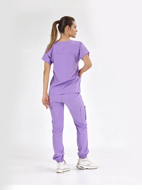 Lila Basic Doktor Hemşire Medikal Scrubs Takım Lüks Likralı Kumaş