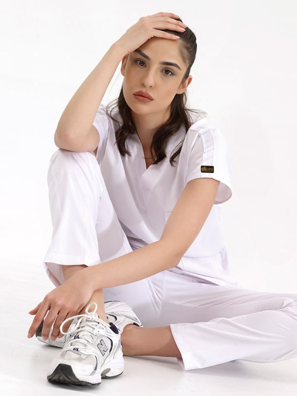 Beyaz Dr. Greys Doktor Hemşire Medikal Scrubs Takım Lüks Likralı Kumaş