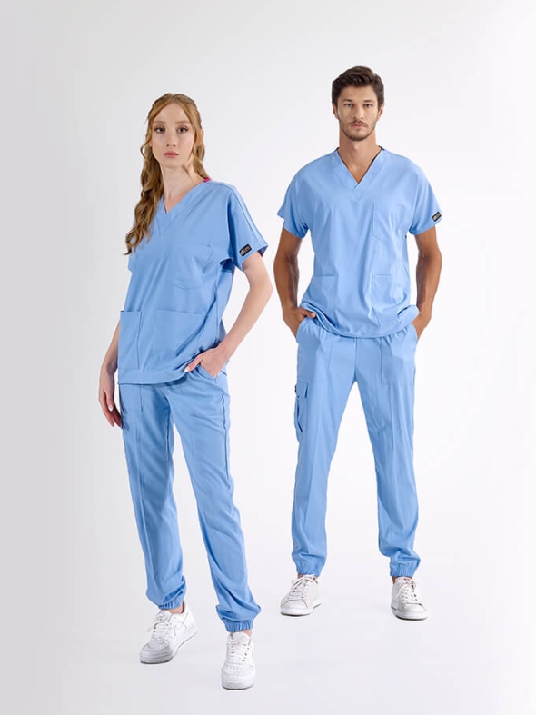 Light Blue Jogger Doctor Nurse Medical Scrubs Set Luxury Lycra Fabric