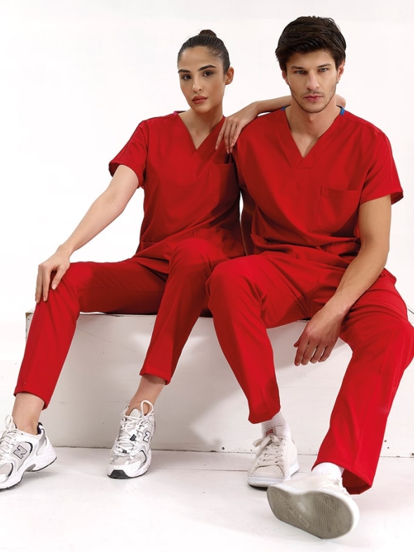 Rot Dr. Greys Medizinischer Scrubs Set für Ärzte und Pflege Luxus Lycra-Stoff