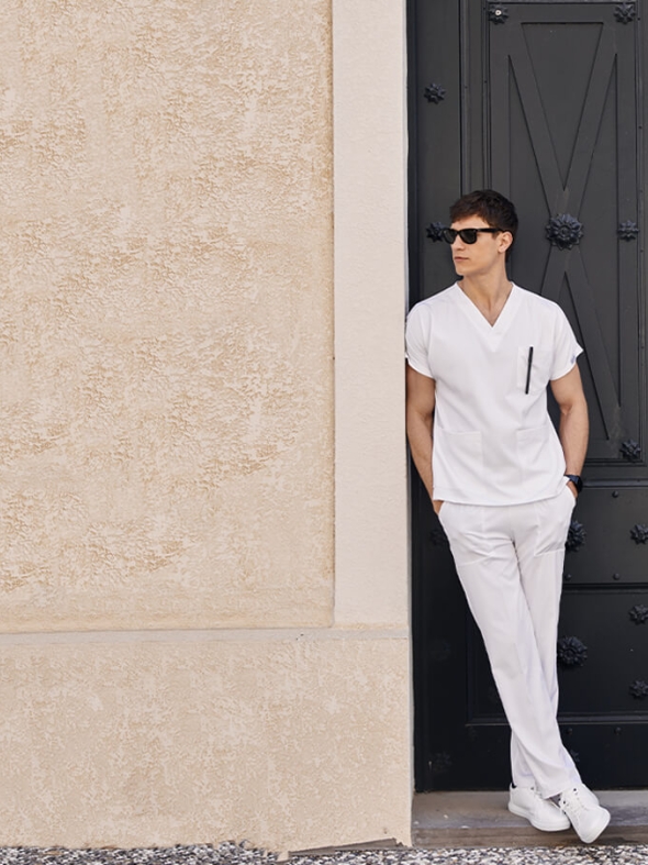 Beyaz Dr. Greys Doktor Hemşire Medikal Scrubs Takım Lüks Likralı Kumaş