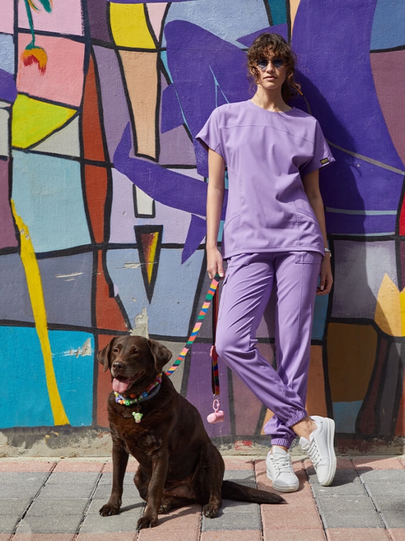 Lila Basic Doktor Hemşire Medikal Scrubs Takım Lüks Likralı Kumaş