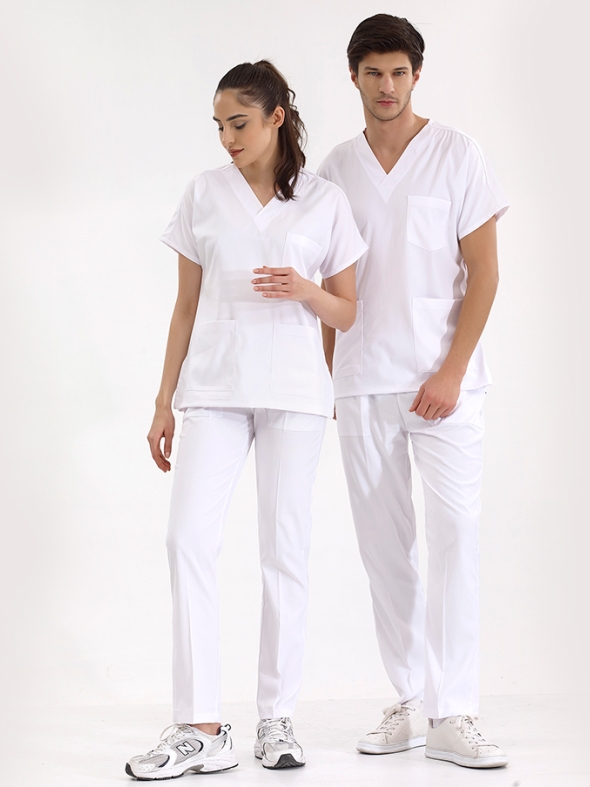 Beyaz Dr. Greys Doktor Hemşire Medikal Scrubs Takım Lüks Likralı Kumaş