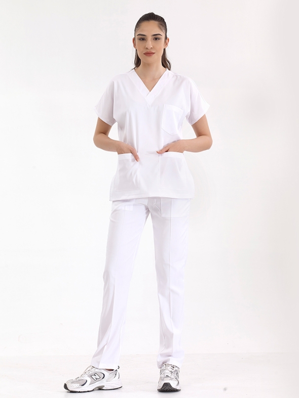 Beyaz Dr. Greys Doktor Hemşire Medikal Scrubs Takım Lüks Likralı Kumaş