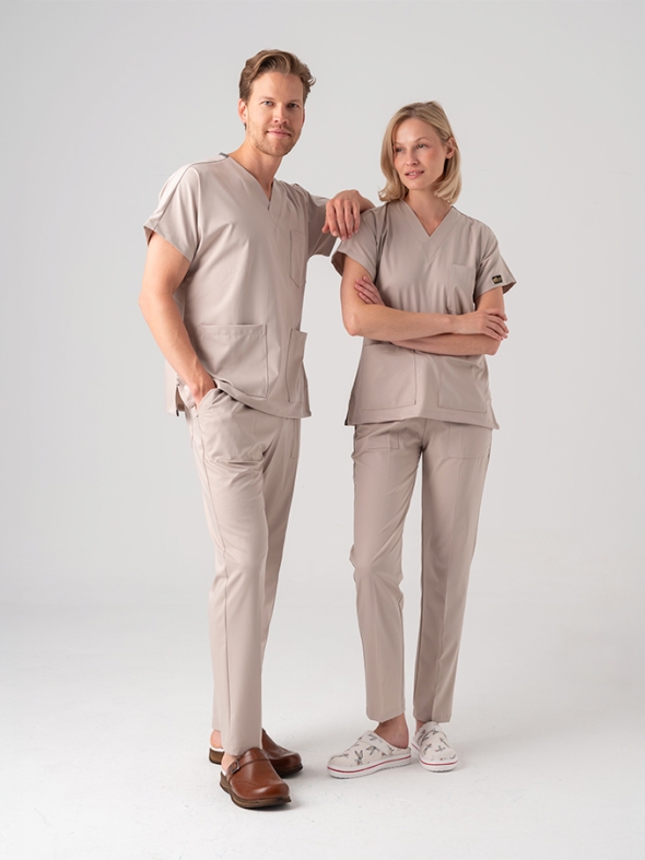 Krem Dr. Greys Doktor Hemşire Medikal Scrubs Takım Best Likralı Kumaş