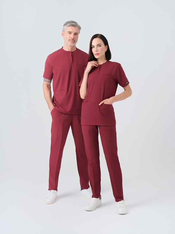 Bordo Cool Doktor Hemşire Medikal Scrubs Takım Best Likralı Kumaş