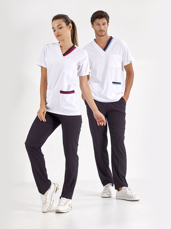 Light Blue-Navy Double Collar Doctor Nurse Medical Scrubs Set Luxury Lycra Fabric