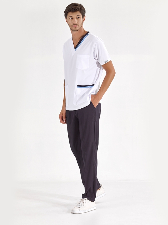 Light Blue-Navy Double Collar Doctor Nurse Medical Scrubs Set Luxury Lycra Fabric