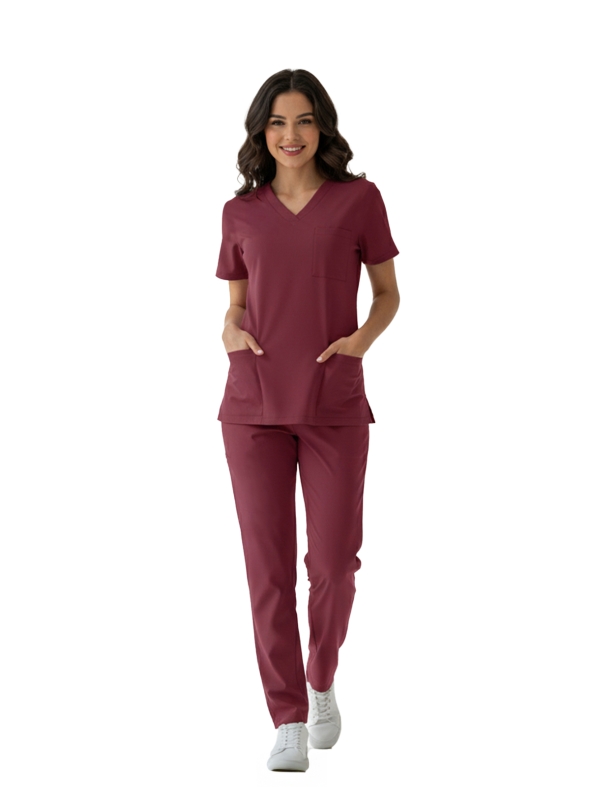 Biking Red Dr. Greys Doktor Hemşire Medikal Scrubs Takım Lüks Likralı Kumaş