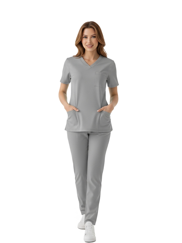 Neutral Gray Dr. Greys Doktor Hemşire Medikal Scrubs Takım Lüks Likralı Kumaş