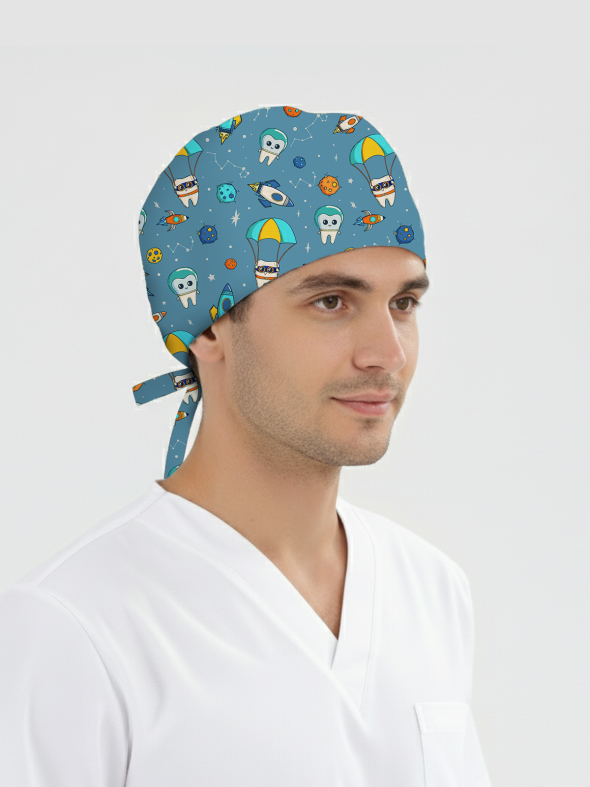 Astronot Dişler Desenli Bone (Cotton Likra Kumaş)