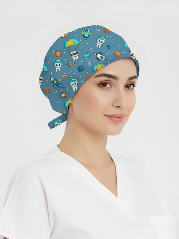 Astronot Dişler Desenli Bone (Cotton Likra Kumaş)