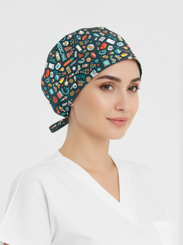 Tıp Dünyası Desenli Bone (Cotton Likra Kumaş)