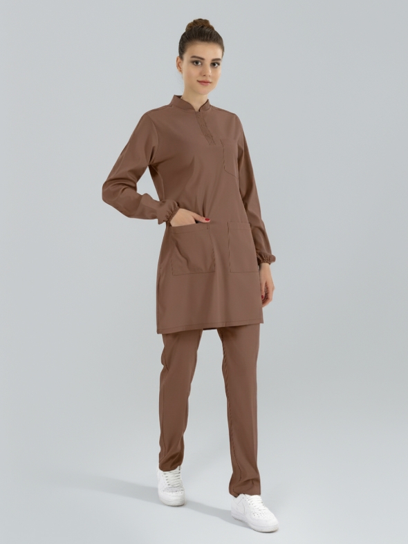 Friar Brown Hijab-Friendly Medical Scrubs Set with Stand Collar – Luxury Stretch Fabric