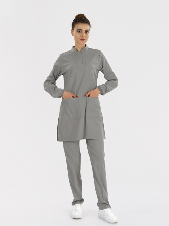 Neutral Gray Tesettür Hakim Yaka Doktor Hemşire Medikal Scrubs Takım Lüks Likralı Kumaş