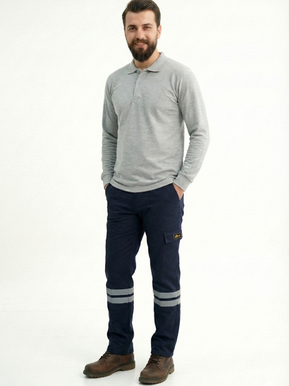 Navy Blue 3 Cm Double Row Reflective Work Pants Gabardine Fabric
