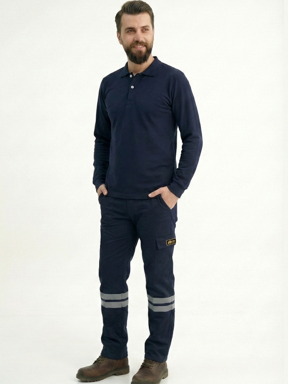 Lacivert Polo Yaka Uzun Kol İş Sweatshirtü Penye Lacoste Kumaş