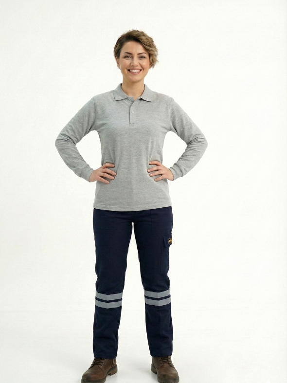 Navy Blue 3 Cm Double Row Reflective Work Pants Gabardine Fabric