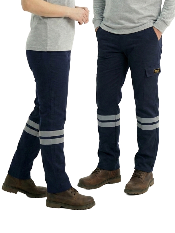 Navy Blue 3 Cm Double Row Reflective Work Pants Gabardine Fabric