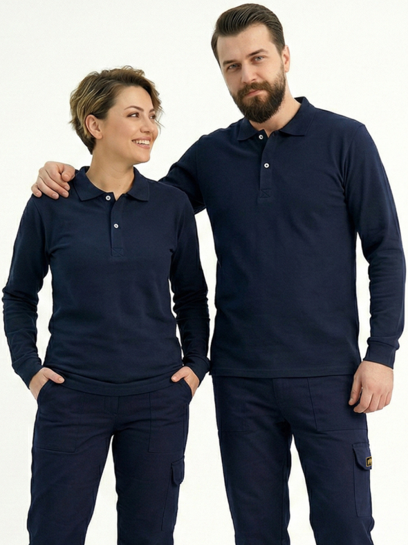 Lacivert Polo Yaka Uzun Kol İş Sweatshirtü Penye Lacoste Kumaş
