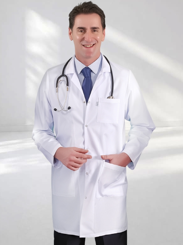 Beyaz Klasik Yaka Erkek Doktor Vizit Önlüğü Alpaka Kumaş