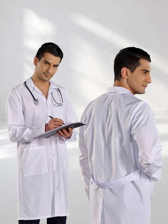 Beyaz Klasik Yaka Erkek Doktor Vizit Önlüğü Alpaka Kumaş