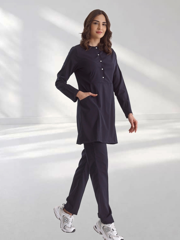 Marineblau Hijab Medizinischer Scrubs Set mit Rundhalsausschnitt und Reißverschluss Luxus Lycra-Stoff