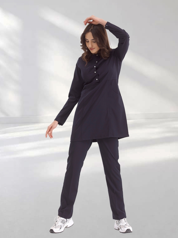Marineblau Hijab Medizinischer Scrubs Set mit Rundhalsausschnitt und Reißverschluss Luxus Lycra-Stoff