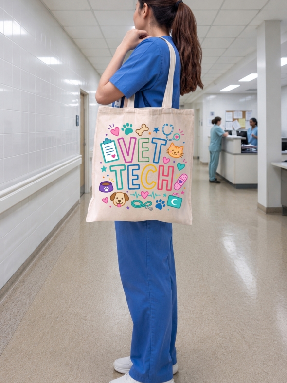 Vet Tech Baskılı Bez Çanta Orta Boy - Krem