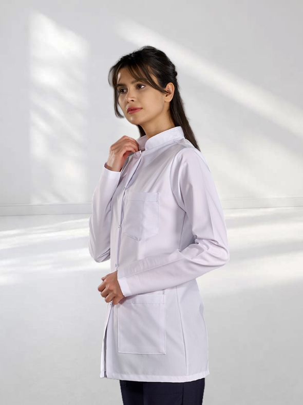 White Mandarin Collar Women's Lab Coat Alpaca Fabric