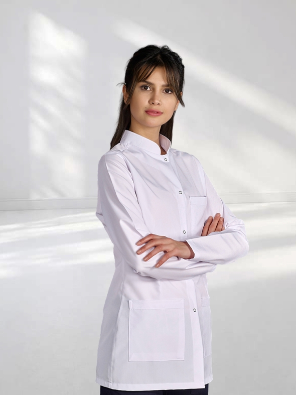 White Mandarin Collar Women's Lab Coat Alpaca Fabric