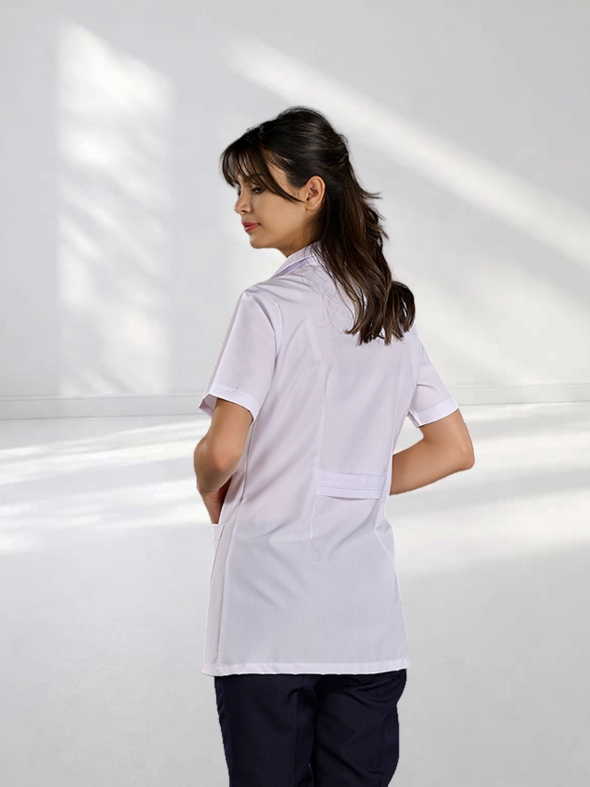 White Classic Collar Women's Short Sleeve Lab Coat Alpaca Fabric