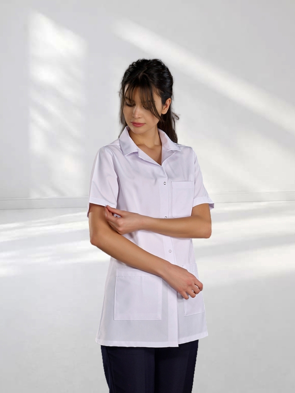 White Classic Collar Women's Short Sleeve Lab Coat Alpaca Fabric