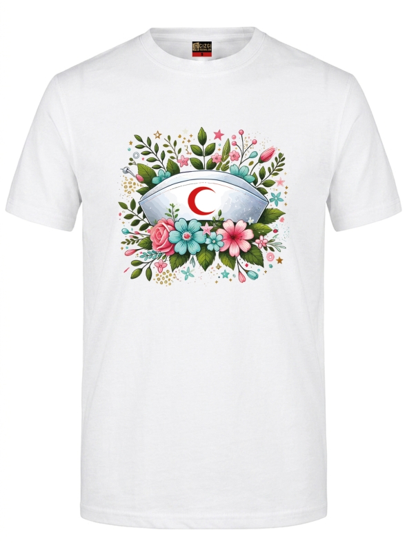 Botanik Hemşire Kep Baskılı Kısa Kol Beyaz Tişört (%100 Pamuk Penye Kumaş)