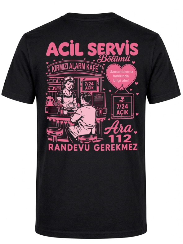 Acil Servis Kafe Baskılı Kısa Kol Siyah Tişört (%100 Pamuk Penye Kumaş)