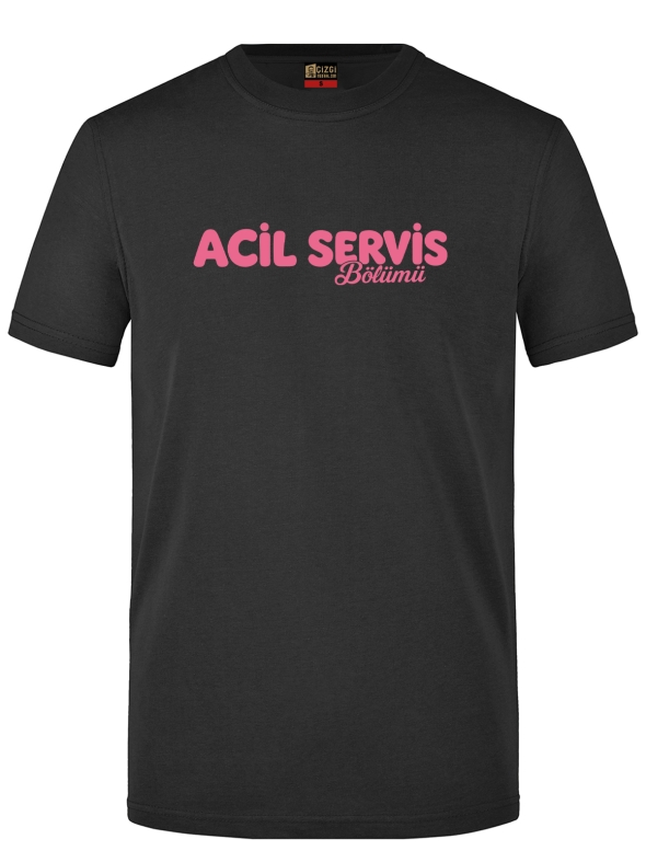 Acil Servis Kafe Baskılı Kısa Kol Siyah Tişört (%100 Pamuk Penye Kumaş)