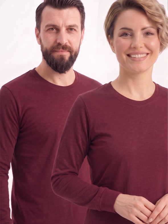 Bordo %100 Pamuk Penye Yuvarlak Yaka T-shirt Uzun Kol