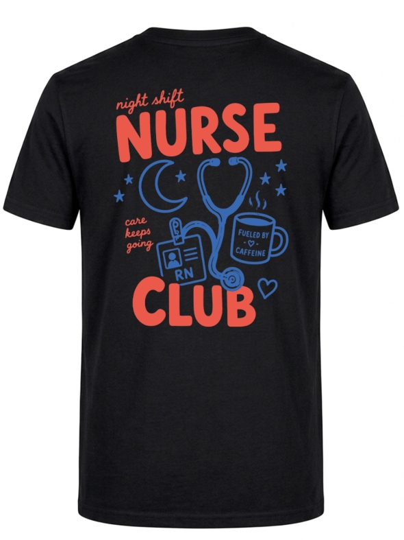 Night Shift Desenli Kısa Kol Siyah Tişört (%100 Pamuk Penye Kumaş)