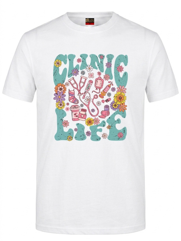 Clinic Life Baskılı Kısa Kol Beyaz Tişört (%100 Pamuk Penye Kumaş)