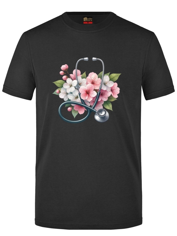 Buket Steteskop Baskılı Kısa Kol Siyah Tişört (%100 Pamuk Penye Kumaş)