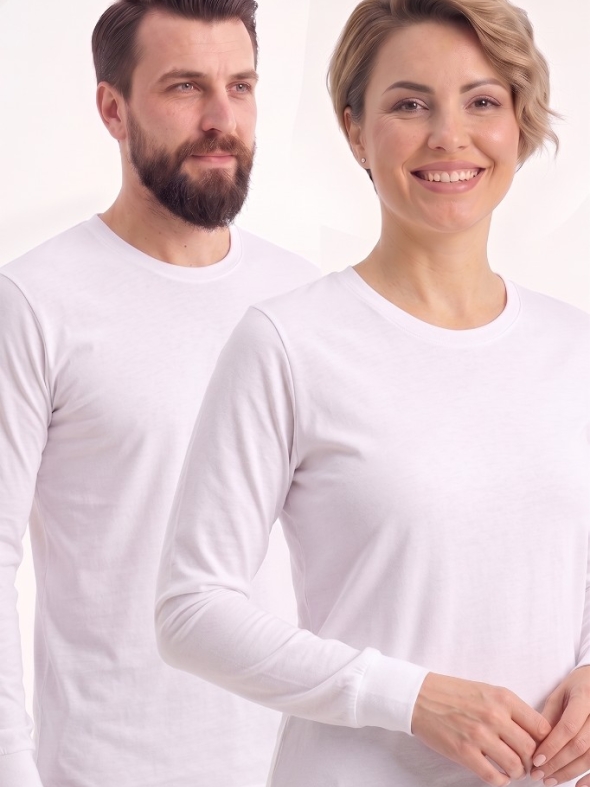 Beyaz %100 Pamuk Penye Yuvarlak Yaka T-shirt Uzun Kol