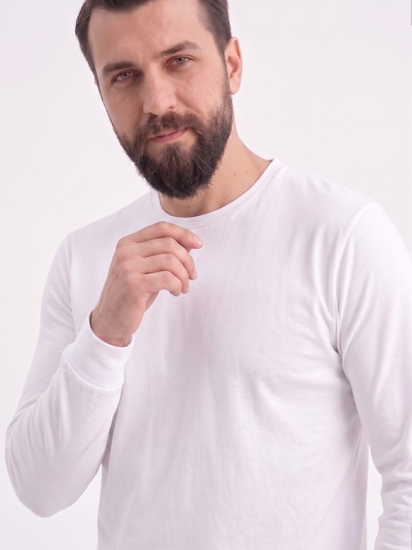 Beyaz %100 Pamuk Penye Yuvarlak Yaka T-shirt Uzun Kol