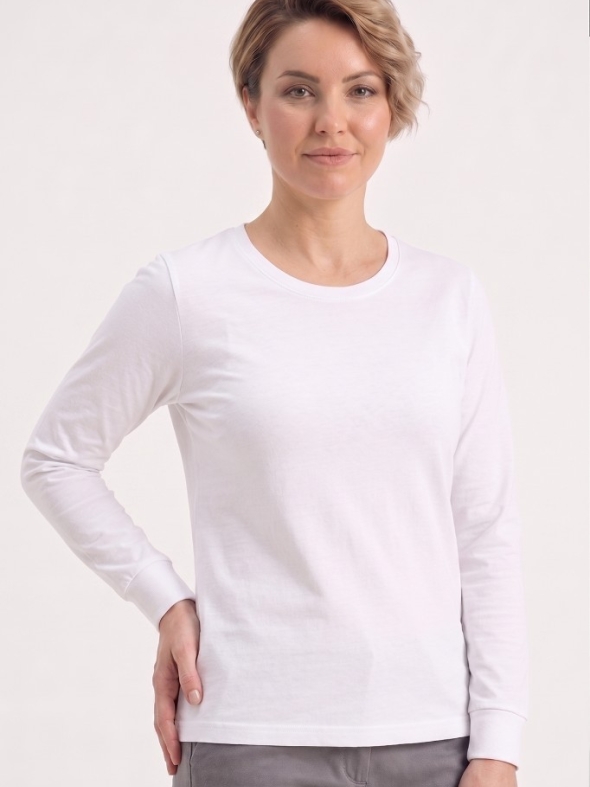 Beyaz %100 Pamuk Penye Yuvarlak Yaka T-shirt Uzun Kol