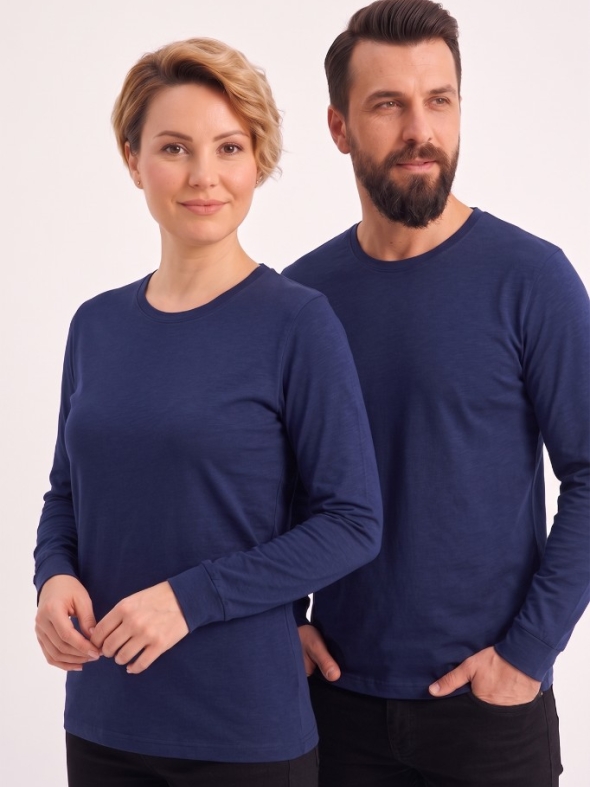 Lacivert %100 Pamuk Penye Yuvarlak Yaka T-shirt Uzun Kol